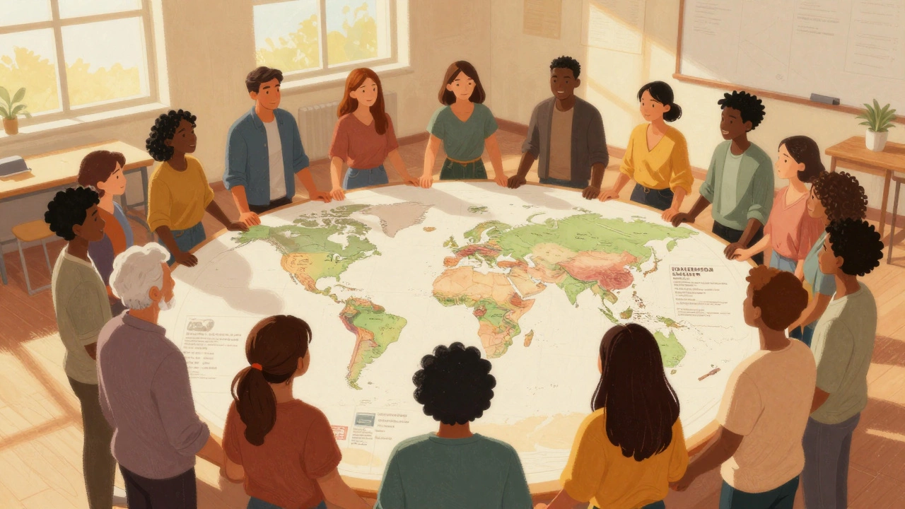 A diverse group gathers around a world map marked with decriminalization victories, united in hope.