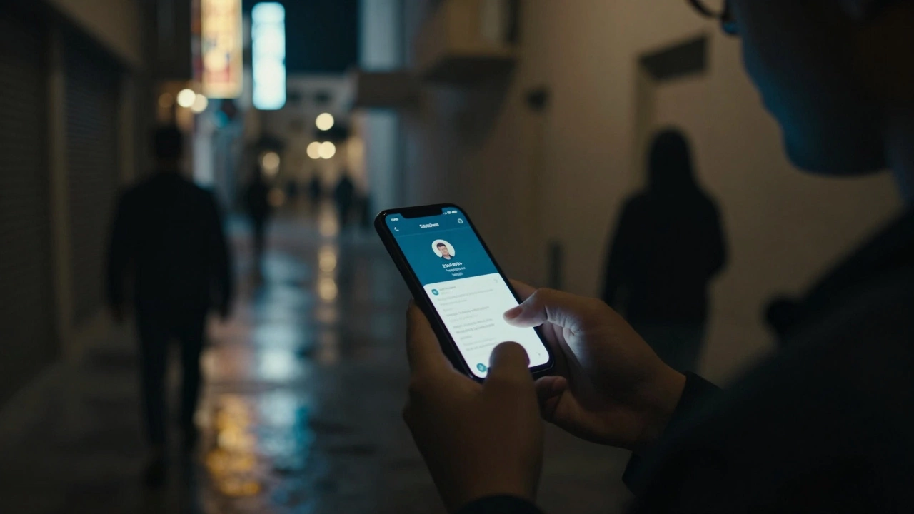 A person uses a secure app in a dim Dubai alley, navigating hidden networks for safety.